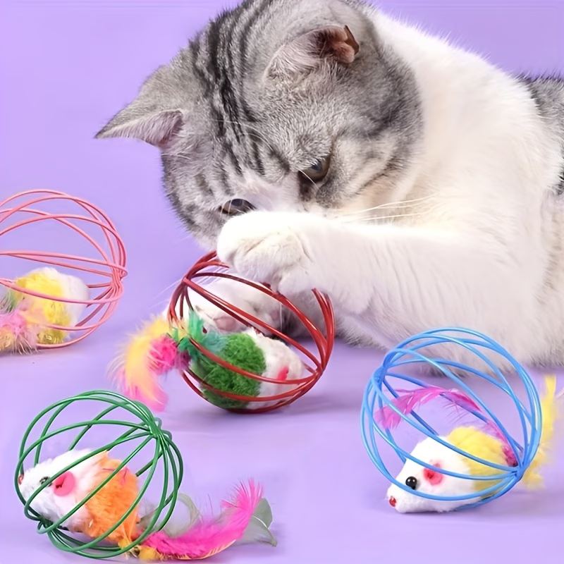 Interactive Cat Toy Mouse Ball with Feather Fun Play Toy for Indoor Cats Kittens