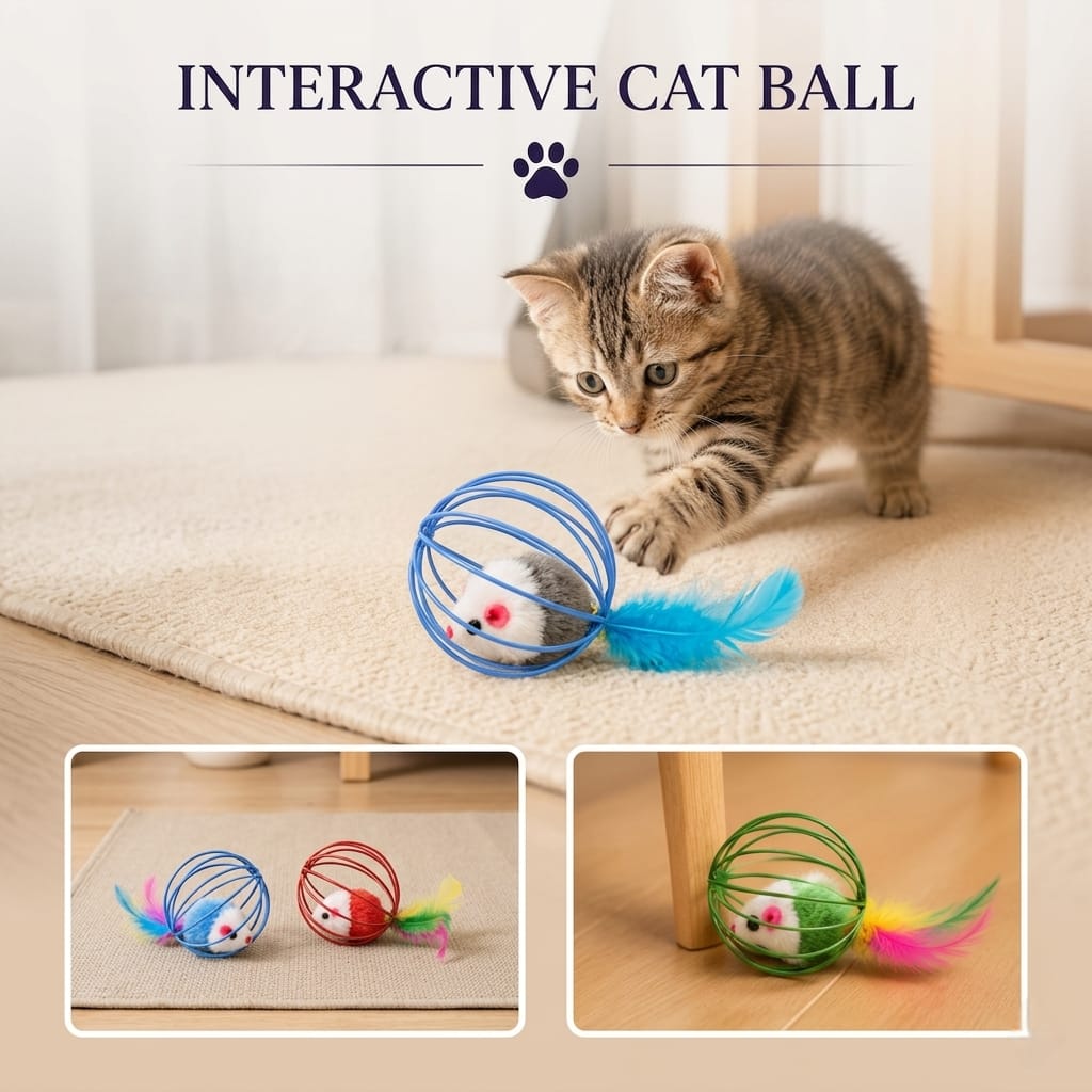 Interactive Cat Toy Mouse Ball with Feather Fun Play Toy for Indoor Cats Kittens